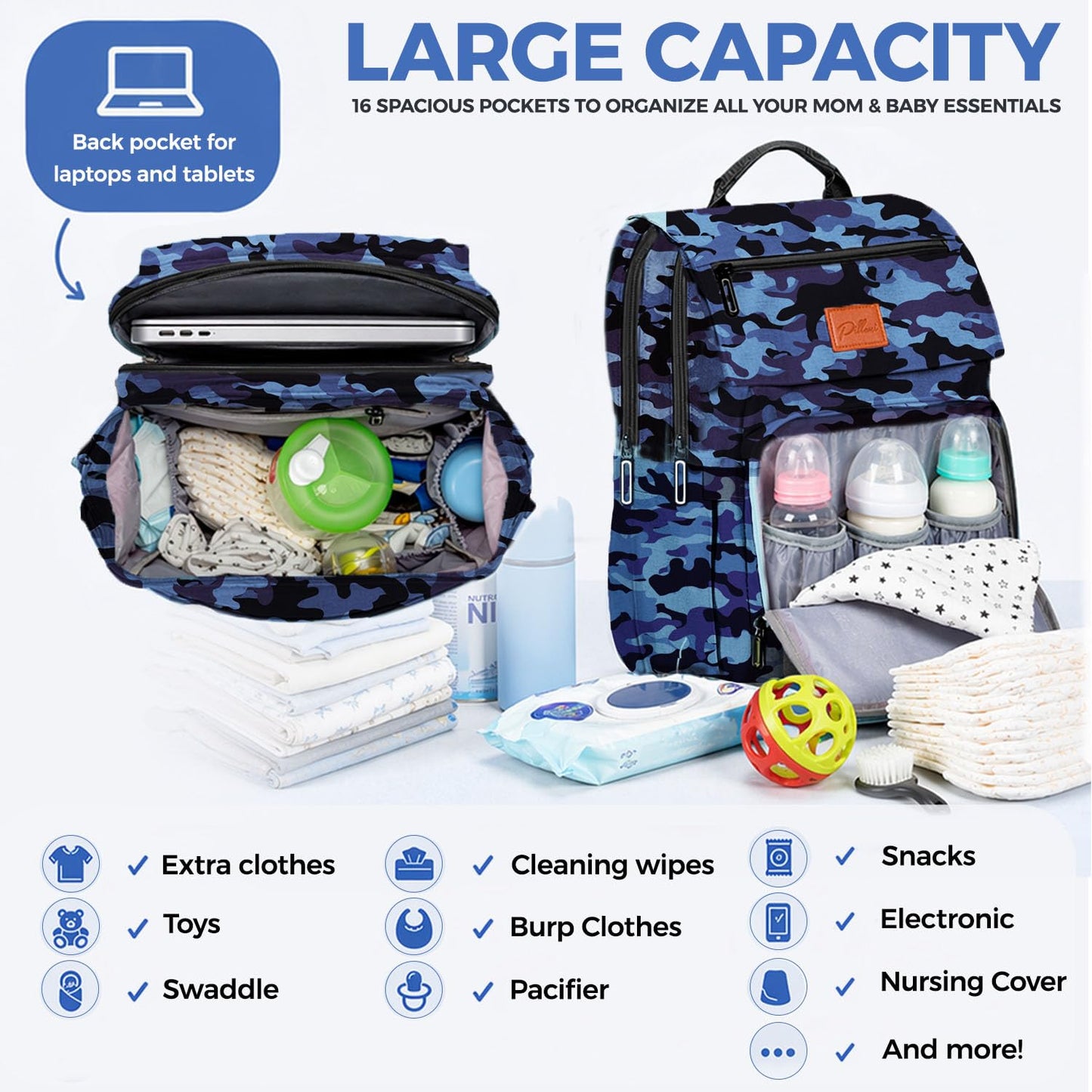 PILLANI Baby Diaper Bag Backpack - Large Waterproof Travel Diaper Bag for Boys & Girls, 16 Organizer Pockets with Changing Pad, Insulated Bottle Pockets & Stroller Straps, Baby Shower Gifts, Dinosaur