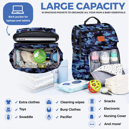 PILLANI Baby Diaper Bag Backpack - Large Waterproof Travel Diaper Bag for Boys & Girls, 16 Organizer Pockets with Changing Pad, Insulated Bottle Pockets & Stroller Straps, Baby Shower Gifts, Dinosaur