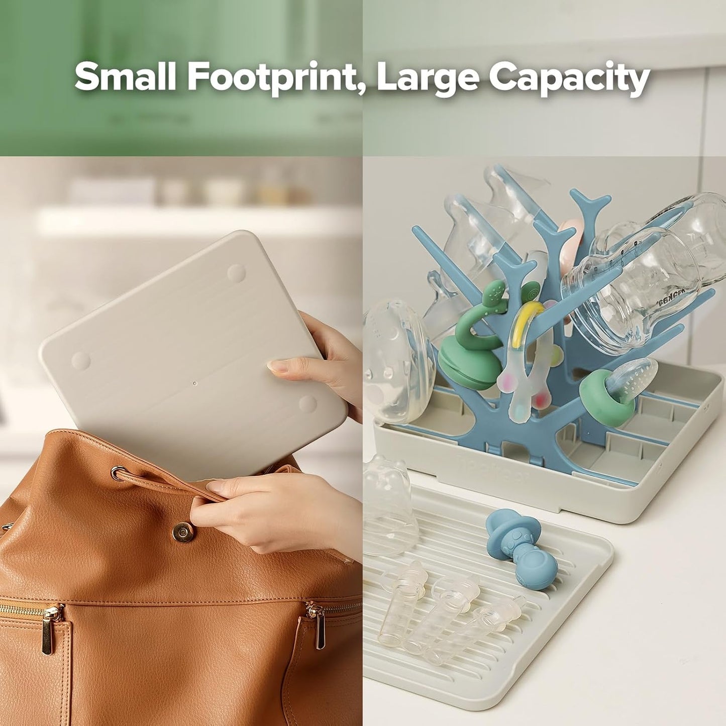 haakaa Portable Baby Bottle Drying Rack with Tray, Space Saving Bottle Drying Tree for Bottles/Pump Parts/Pacifiers,Easy-Store Dryer Rack Great for Home & Travel, BPA Free (Green)