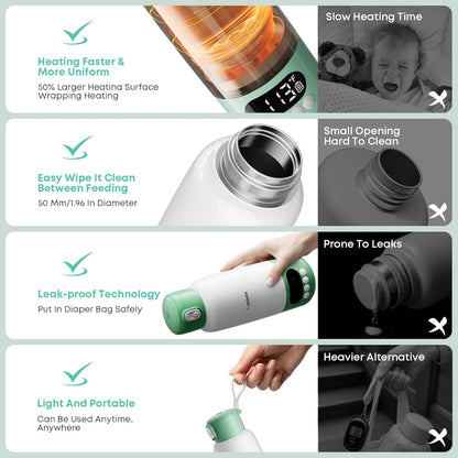 Portable Bottle Warmer for Travel, Fast Heating in 2 Mins, Dual Heating for Breastmilk & Water, Long Battery Life, 6 Temp Settings with Keep Warm, Built-in Sterilizer, 17oz (Green)