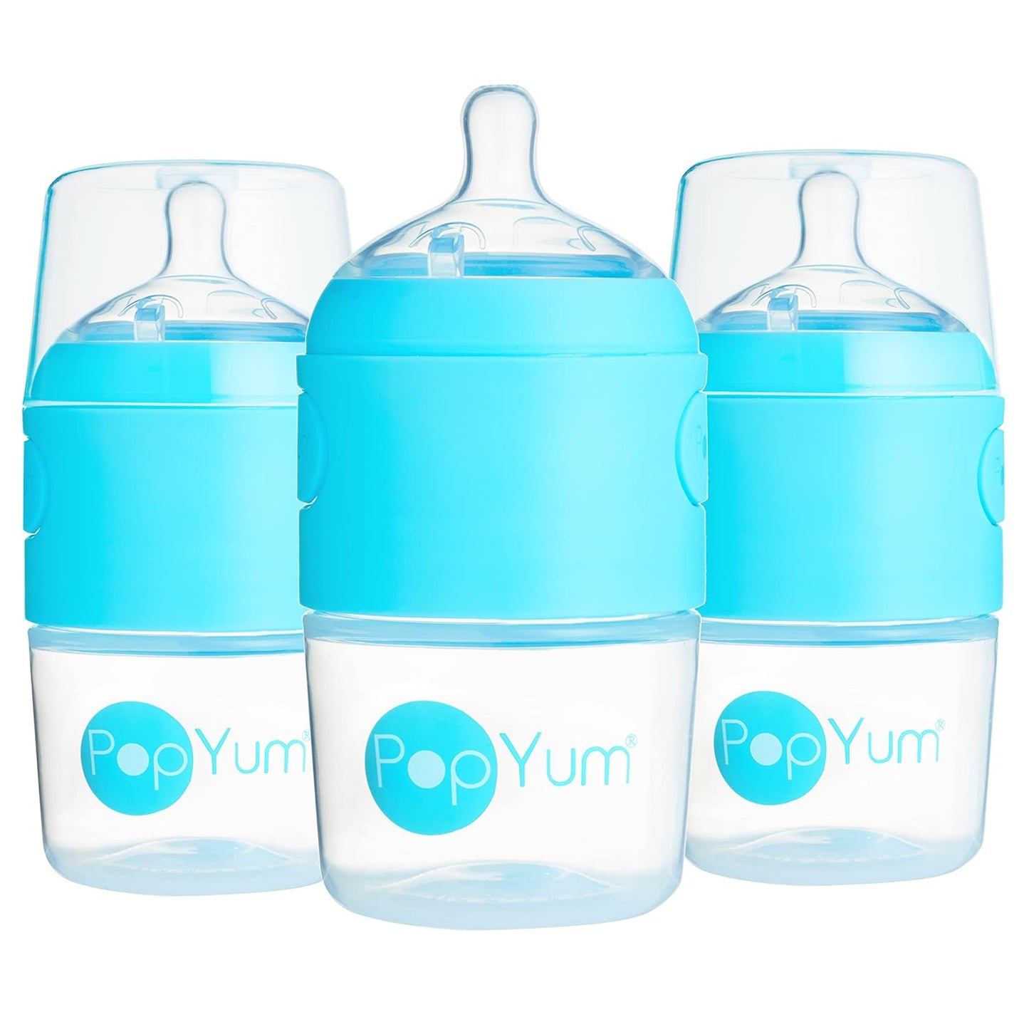 PopYum 9 oz Blue Anti-Colic Formula Making Baby Bottles, 3-Pack with #2 Medium Flow Nipples, 260 ml, BPA-Free, Natural Latch, Mixing, Dispenser