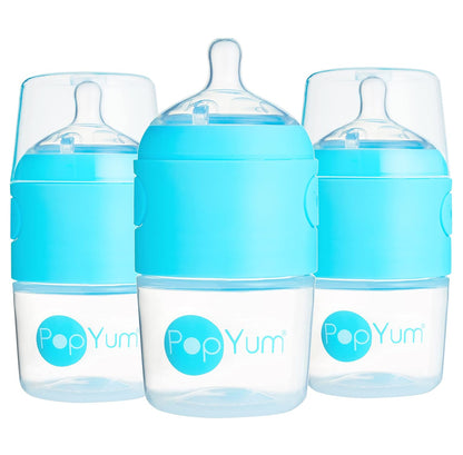 PopYum 9 oz Blue Anti-Colic Formula Making Baby Bottles, 3-Pack with #2 Medium Flow Nipples, 260 ml, BPA-Free, Natural Latch, Mixing, Dispenser