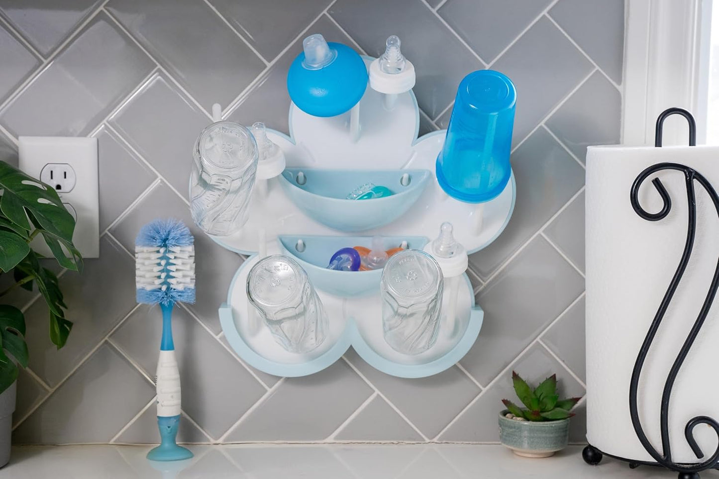 The Bottle Blossom- Wall Mounted Baby Bottle Drying Rack for Bottles, Cups, Sippy Cups, Vertical Wall Hanging, Space Saving, Large Capacity Baby Essential, 2 Adhesive Hooks Included (Light Blue)