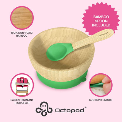 Abiie Octopod Bamboo Baby Bowl Set for 4 Months and Up – Mess-Free High Chair Suction Bowl with Spoon for Toddlers and Kids - Ergonomic Baby Feeding Essentials - 5.7" x 3" x 5.7" - Pink