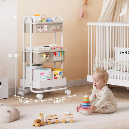 Modanais Baby Diaper Caddy Organizer Cart - 3 Tier Rolling Storage Cart with Wheels, Baby Essentials for Nursery Storage, Detachable Dividers - for Crib, Bedroom, Art & Craft Organizer (Black)