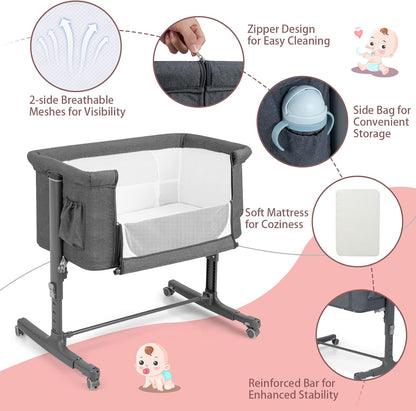 HONEY JOY Baby Bassinet Bedside Sleeper, 3-in-1 Easy Folding Portable Crib for Baby with Wheels, 5 Adjustable Heights, Easy to Assemble Bed to Bed, Mattress & Carry Bag for Infant Newborn (Pink)