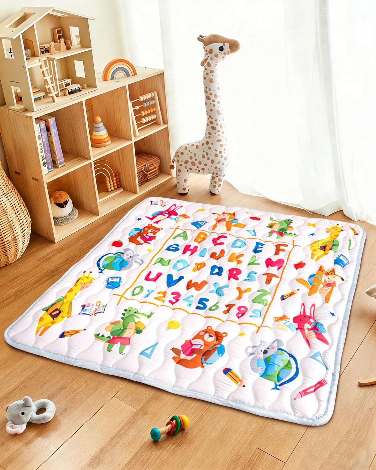 Baby Play Mat, 50x50 Playpen Mat with Super Soft Touch, Activity Mats with Upgraded Anti-Slip Bottom, Machine Washable Crawling Mats for Floor & Picnic (Animal Alphabets)