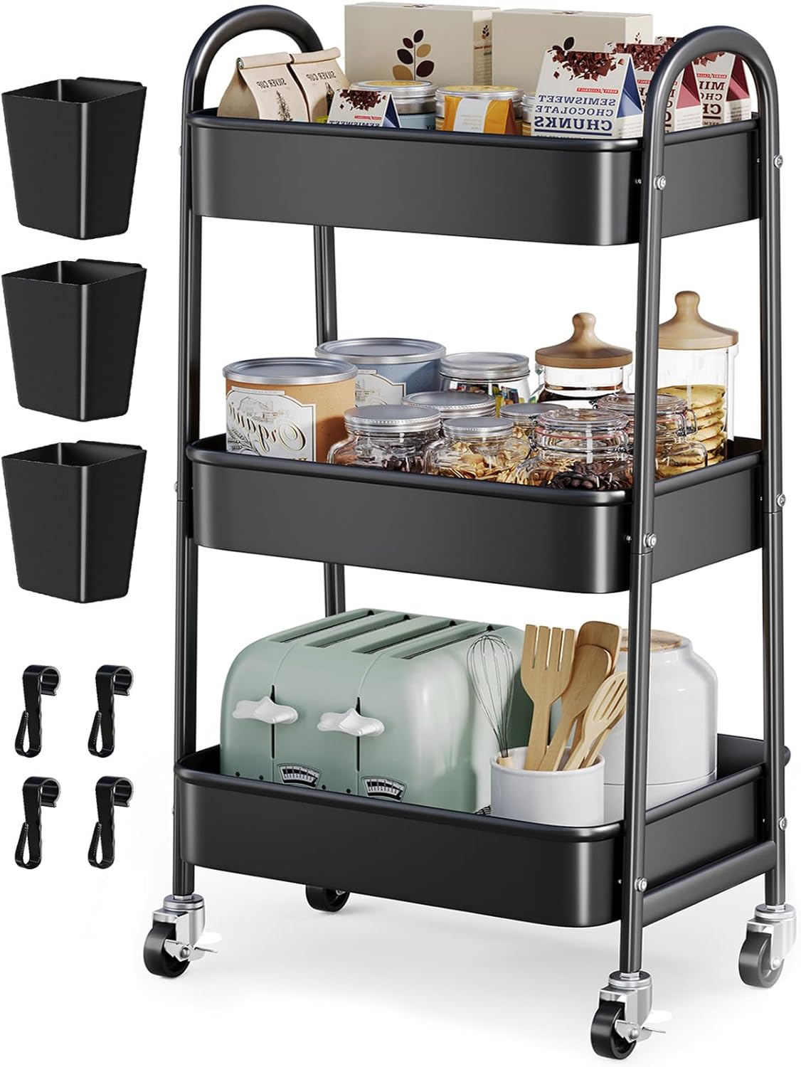 Beige 3 Tier Rolling Cart Metal on Wheels, Three Tiered Storage Organizer Utility Trolley with Wheels for Art, Craft, Baby Diaper Caddy, Snack, Book, Nail, Lash, Cleaning Supplies, Kitchen, Bathroom