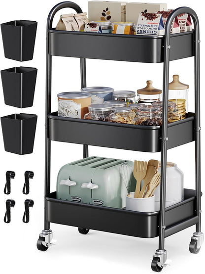 Beige 3 Tier Rolling Cart Metal on Wheels, Three Tiered Storage Organizer Utility Trolley with Wheels for Art, Craft, Baby Diaper Caddy, Snack, Book, Nail, Lash, Cleaning Supplies, Kitchen, Bathroom