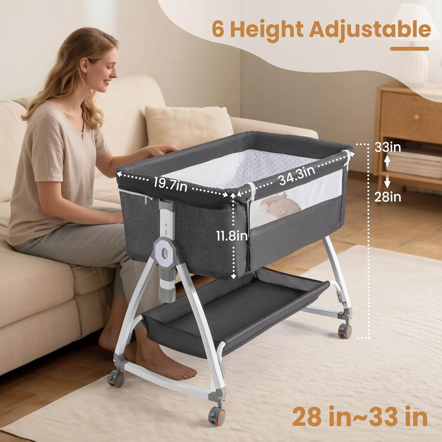 JOYMOR 3 in 1 Baby Bassinet, Bedside Bassinet for Baby, with Comfy Mattress and Wheels, 6 Height Adjustable Easy Folding Portable Bedside Crib for Newborn (Black)