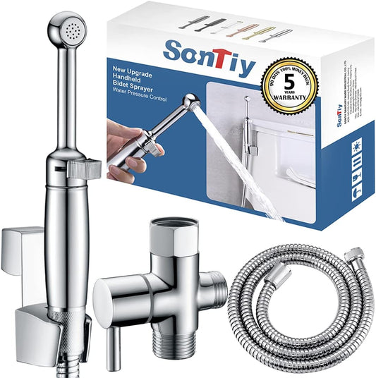 SonTiy Handheld Bidet Sprayer for Toilet, All Metal Cloth Diaper Toilet Sprayer Bidet Attachment with Backflow Preventer, Adjustable Water Jet Spray, 7.2" Brass Hand Held Bidet Wand, Chrome
