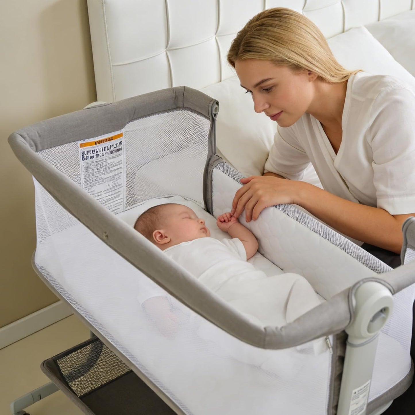 Baby Bassinet, 3-in-1 Portable Bedside Sleeper for Newborn All Mesh Sides Breathable with 6 Height Adjustments, 1-7° Anti-Reflux Incline, Detachable Mosquito Net, Storage Basket & 360° Lockable Wheels