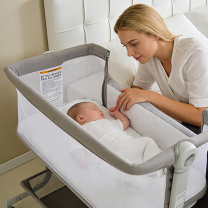 Baby Bassinet, 3-in-1 Portable Bedside Sleeper for Newborn All Mesh Sides Breathable with 6 Height Adjustments, 1-7° Anti-Reflux Incline, Detachable Mosquito Net, Storage Basket & 360° Lockable Wheels