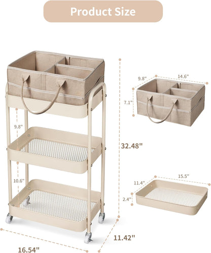 Fortella Baby Diaper Caddy, 3 Tier Rolling Storage Cart for Baby Essentials, Diaper Cart with Detachable Dividers, Storage Organizer & Baby Bottle Organizer for Bedroom, Living Room (Beige)