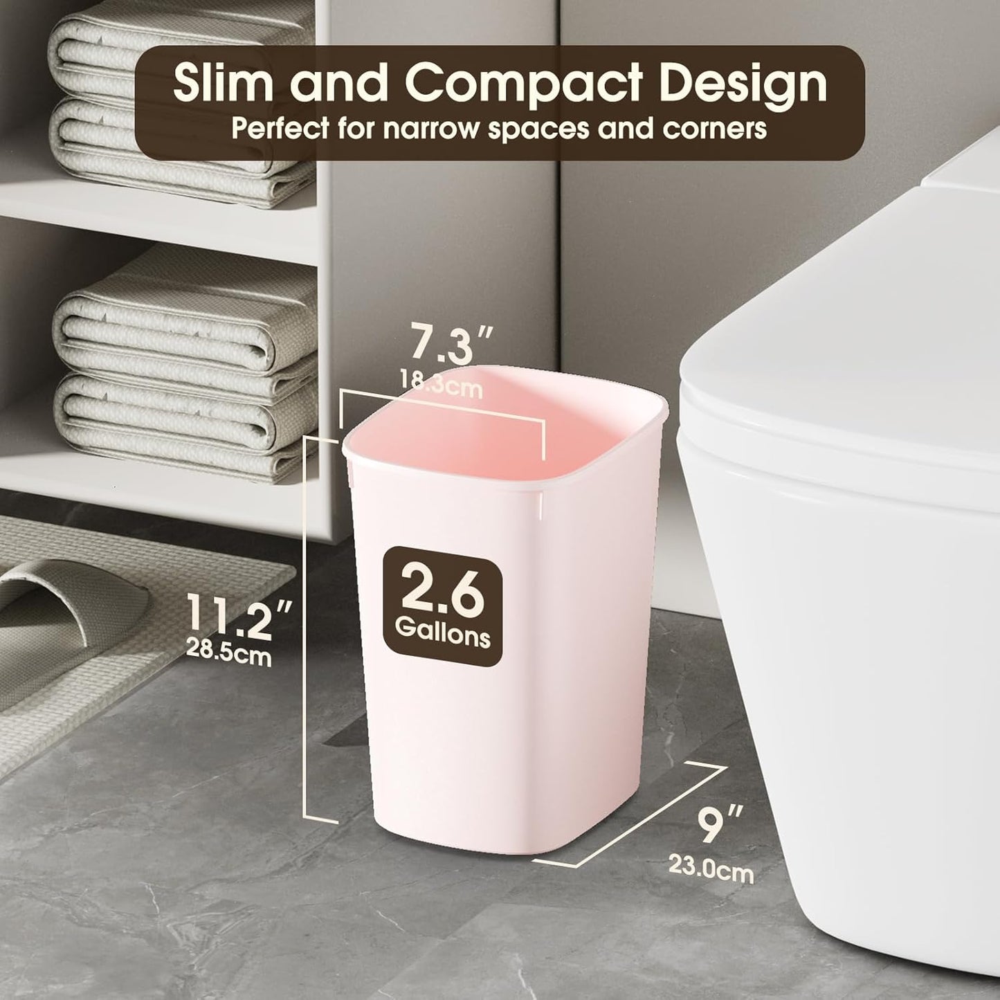 CEROELDA 3 Pack Bathroom Trash Can with Lid, 10L/2.6 Gal Small Garbage Can with Press Top Lid, Slim Plastic Waste Basket for Toilet, Office, Bedroom (Muti 1)