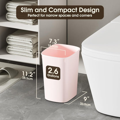 CEROELDA 3 Pack Bathroom Trash Can with Lid, 10L/2.6 Gal Small Garbage Can with Press Top Lid, Slim Plastic Waste Basket for Toilet, Office, Bedroom (Muti 1)