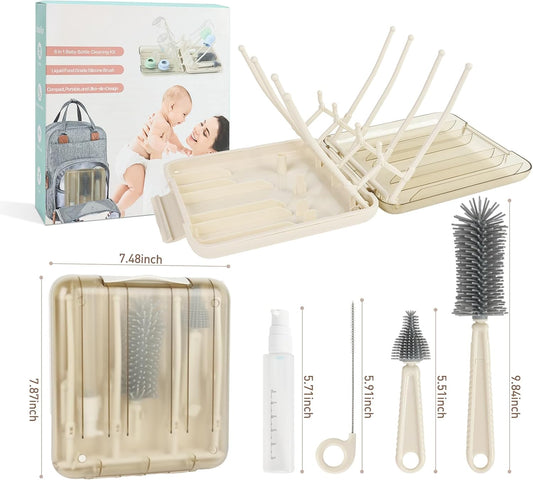 Baby Bottle Brush Set, 6-in-1 Travel Bottle Cleaner Kit with Silicone Bottle Brush, Nipple & Straw Brush, Soap Dispenser, Drying Rack, Storage Box – Compact Baby Travel Essential for Home & On-The-Go