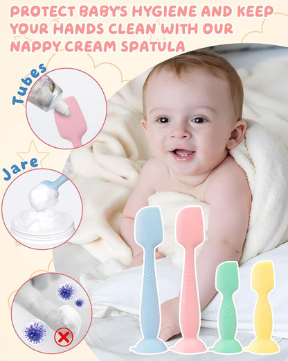 Upgraded 4-Pack Silicone Diaper Cream Spatula with Travel Case - Soft Full-Size & Mini Applicators for Rash Ointment, Diaper Care & Everyday Care, Ideal for Newborn Essentials and Baby Shower Gifts