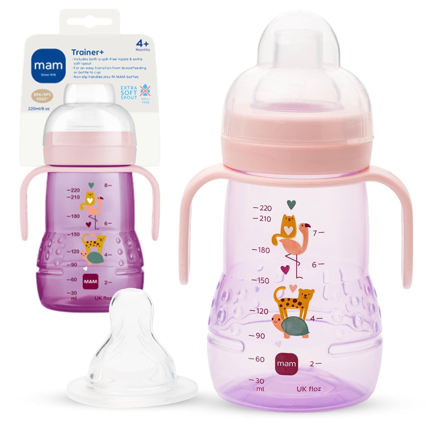 MAM 8 oz Trainer + Sippy Cup 2-Pack, 4+ Months 2-in-1 Baby Training Cup with Nipple & Silicone Spout, Spill Proof, BPA Free, Dishwasher Safe, Made In Europe
