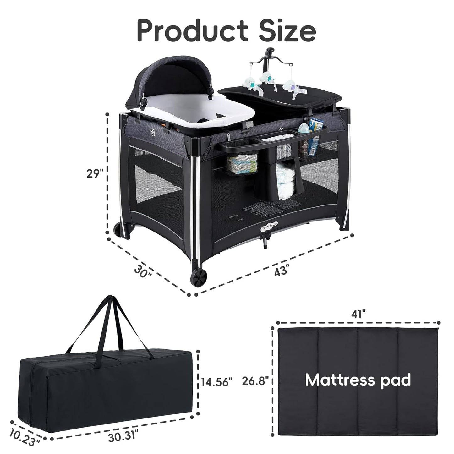 Pamo Babe 4 in 1 Baby Playards with Bassinet & Changing Table, Portable Crib Breathable Mesh and Toy Mobile