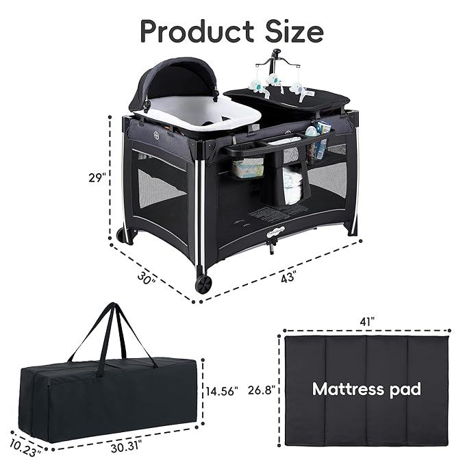 Pamo Babe 4 in 1 Baby Playards with Bassinet & Changing Table, Portable Crib Breathable Mesh and Toy Mobile