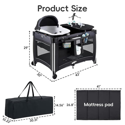 Pamo Babe 4 in 1 Baby Playards with Bassinet & Changing Table, Portable Crib Breathable Mesh and Toy Mobile