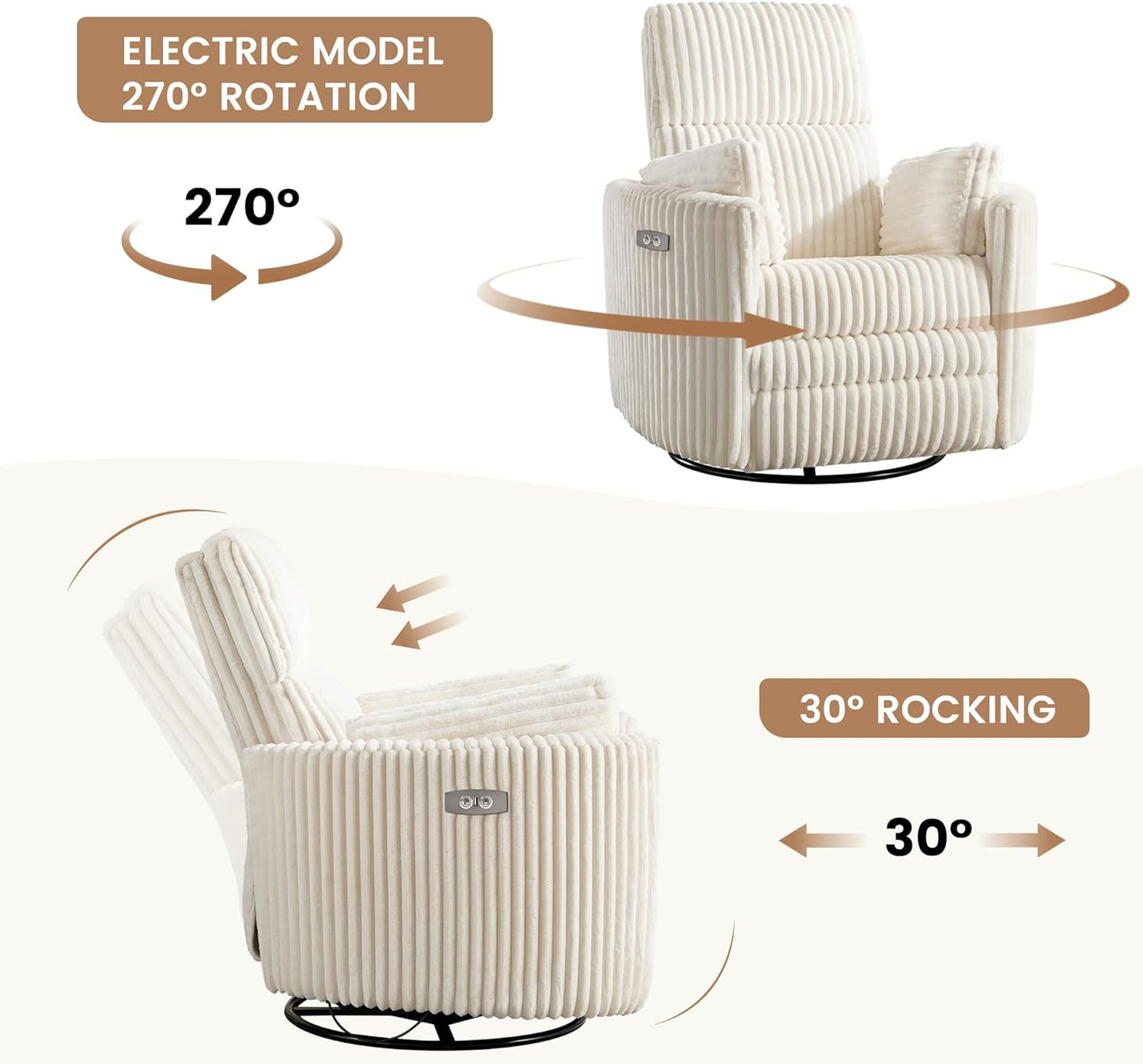 Power Recliner,Nursery Swivel Glider Rocking Chair with USB Port,Upholstered Adult Electric Recliner Rocking Chair with 2 Pillows for Living Room Bedroom (Beige Corduroy, Power-Driven)