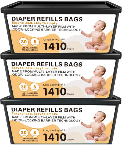 Diaper Pail Easy Roll Refill Bags, Compatible with Genie Easy Roll Signature and Platinum Pails, Each 30 Bags Holds Up to 1410 Newborn Diapers, 7-Layer Odor-Barrier Technology, 3 Pack (90 Bags)