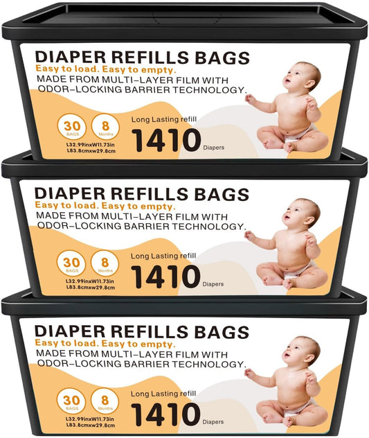 Diaper Pail Easy Roll Refill Bags, Compatible with Genie Easy Roll Signature and Platinum Pails, Each 30 Bags Holds Up to 1410 Newborn Diapers, 7-Layer Odor-Barrier Technology, 3 Pack (90 Bags)