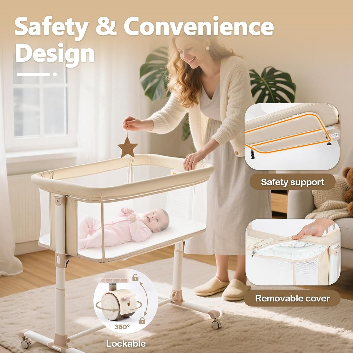 Kinder King Baby Bassinet Bedside Sleeper, Newborn Baby Bedside Crib w/Wheels, All-Sided Mesh, Adjustable Height, Removable Soft Mattress, No Tool to Assemble, Grey