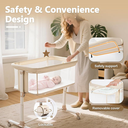 Kinder King Baby Bassinet Bedside Sleeper, Newborn Baby Bedside Crib w/Wheels, All-Sided Mesh, Adjustable Height, Removable Soft Mattress, No Tool to Assemble, Grey