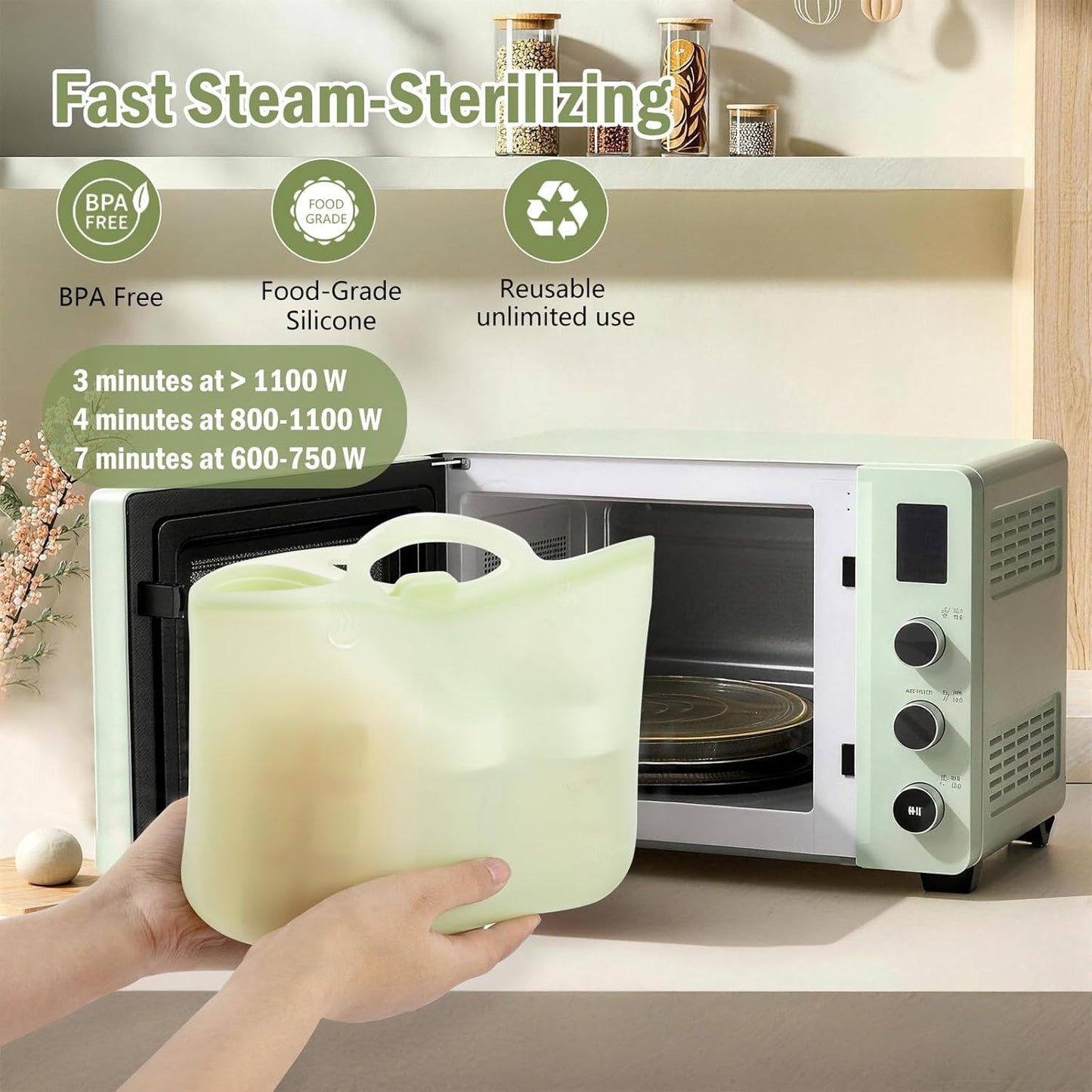 Silicone Travel Bottle Sterilizer Bags | 2000ml Microwave Steam Sterilizer Bags for Baby Bottles, Breast Pump & Pacifiers, Reusable Steam Sterilizing Bags for Travel and Home Use (Clear+Green)