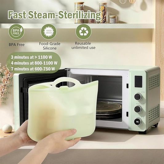 Silicone Travel Bottle Sterilizer Bags | 2000ml Microwave Steam Sterilizer Bags for Baby Bottles, Breast Pump & Pacifiers, Reusable Steam Sterilizing Bags for Travel and Home Use (Clear+Green)