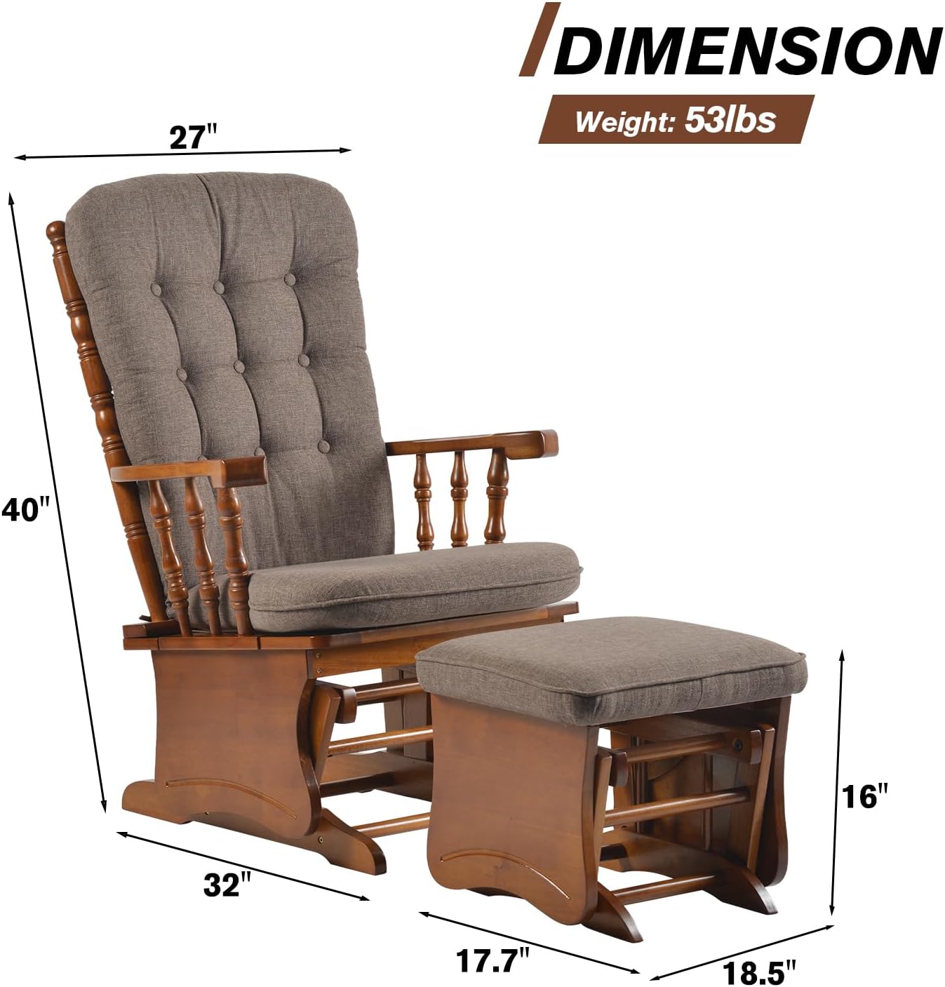 Glider Rocking Chair with Ottoman Set, Solid Wood Nursery Glider Rocker with Padded Cushion, High Back Upholstered Swivel Glider for Living Room, Nursing, Reading, 280LBS Weight Capacity,Oak+Khaki
