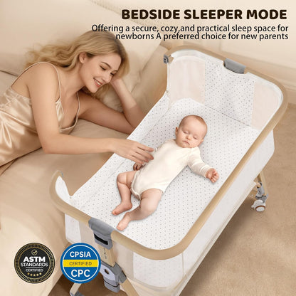 Bassinet Bedside Sleeper,Bedside Bassinet,Rocking Bassinet,3 in 1 Portable Bedside Crib with Mattress,Mobile,Mosquito Net,Storage Basket,6-Height Adjustable Baby Bassinet with Wheels for Newborn,Beige