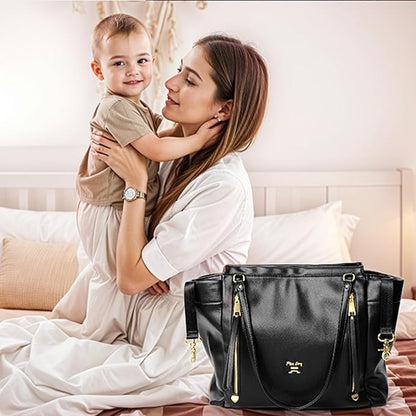 miss fong Diaper Bag Tote Leather Diaper Bag Backpack,Large Capacity Mommy Bag Hospital Bag,12 Pockets Travel Diaper Tote with Changing Pad,Stroller Straps & Insulated Pockets for Mom & Dad-Black