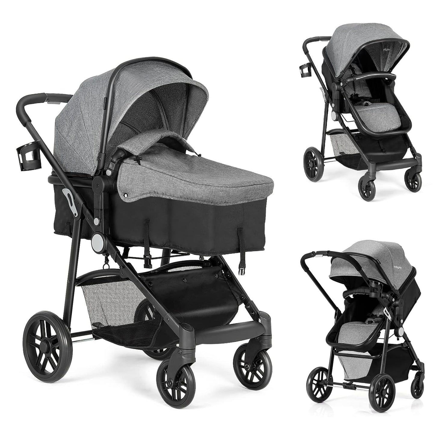 BABY JOY Baby Stroller, 2 in 1 Convertible Carriage Bassinet to Stroller, Pushchair with Foot Cover, Cup Holder, Large Storage Space, Wheels Suspension, 5-Point Harness (Pink)