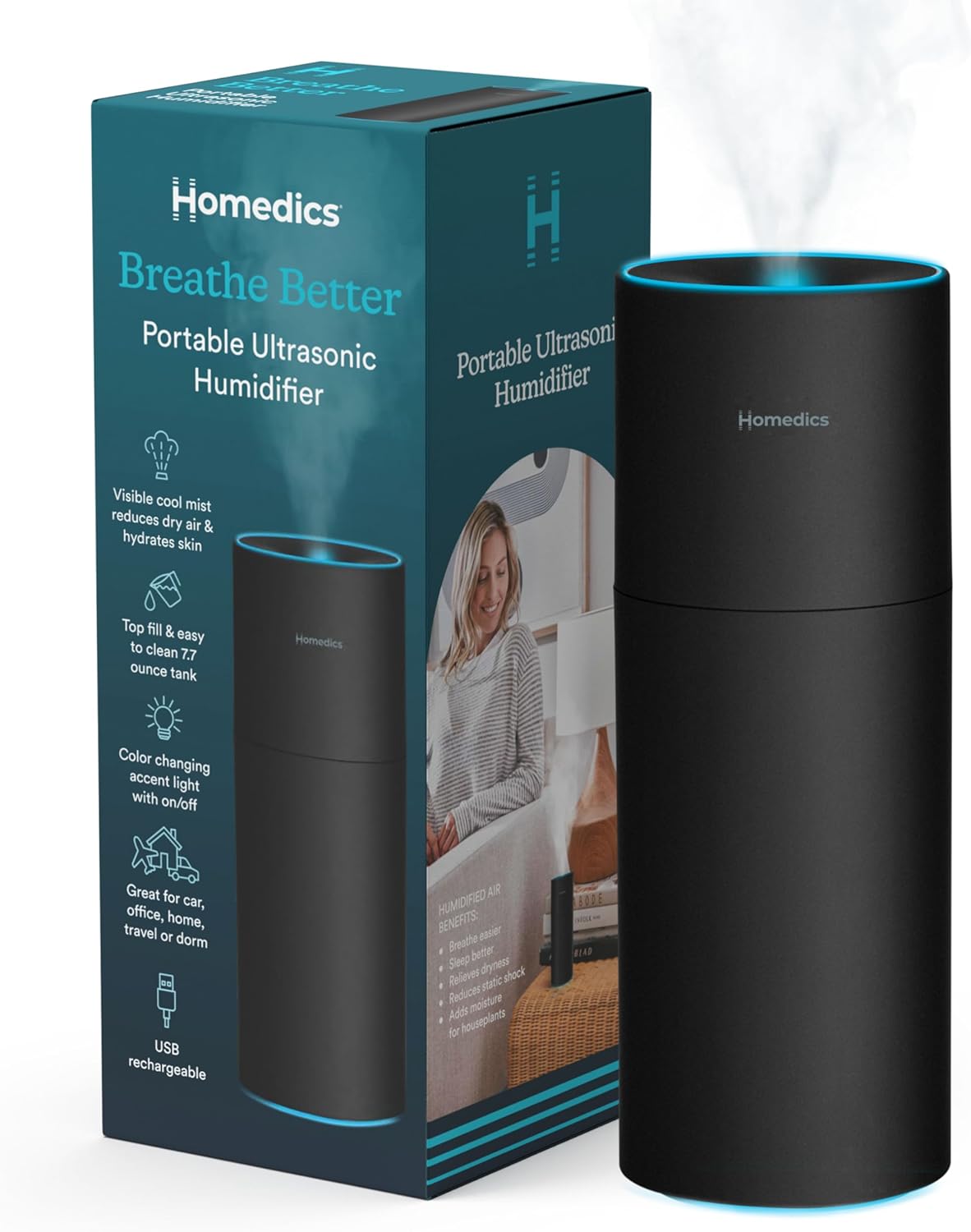 Homedics Portable Humidifier - Small Air Humidifiers for Bedroom, Plants, Office, Travel - Cool Mist Humidifiers, Color-Changing Accent Light, 2 Mist Settings, Matte White