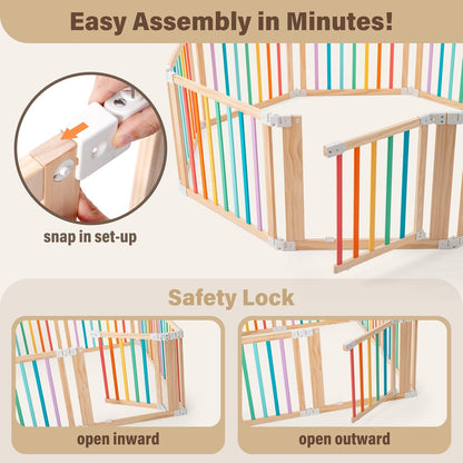 Foldable Wooden Playpen-51x51x25in-Large Baby Gate Playpen with Child-Proof Lock-Easy Assembly, Portable Design for Babies & Toddlers- Shape& Size Adjustable Baby Fence Play Area (Wood, 6 Panel)