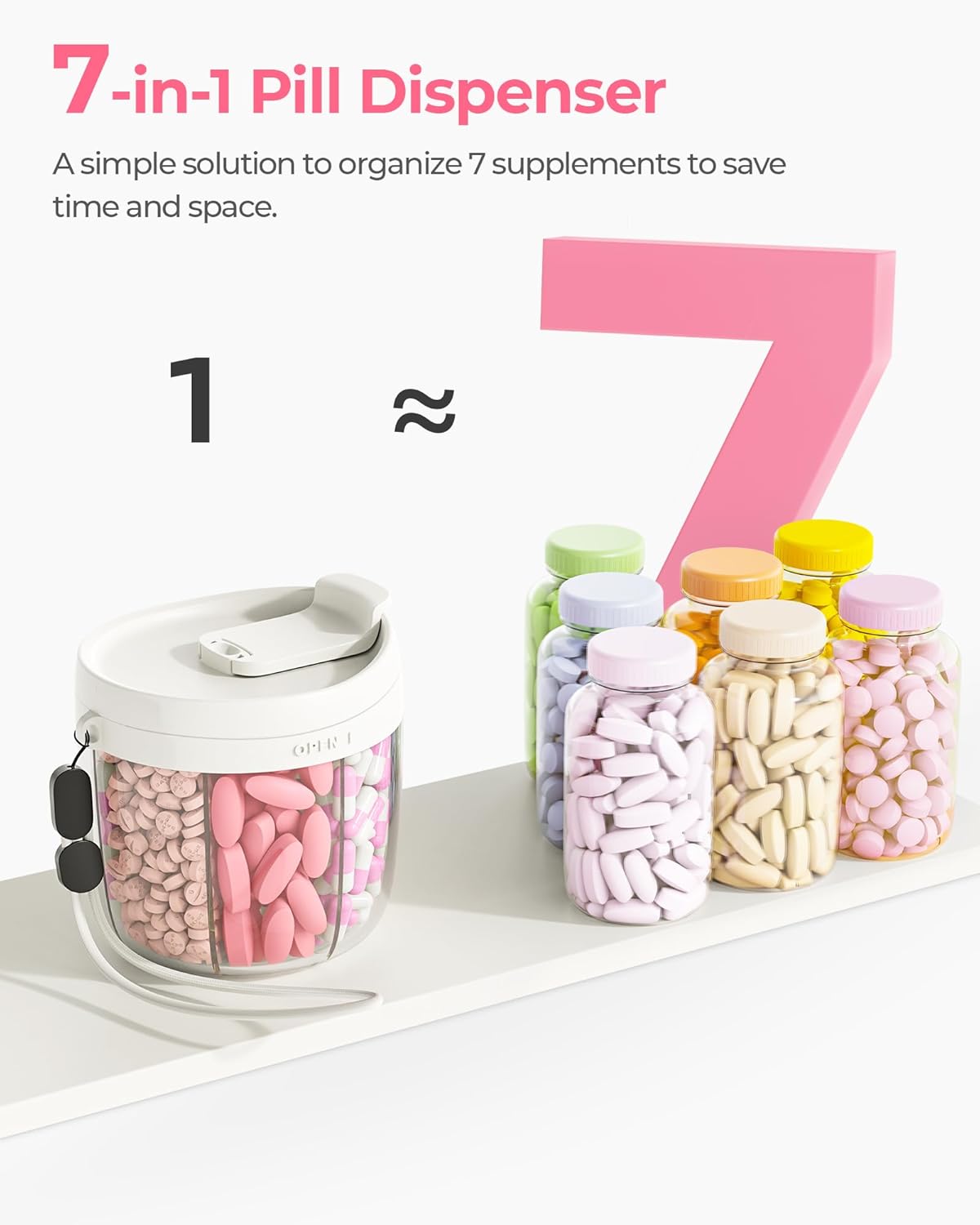 AMOOS Cute Pill Dispenser with 7 Compartments, Pill Bottle Organizer with Anti-Mix Design, Portable Pill Organizer for Travel with Wide Mouth for Easy Access, BPA-Free Patented Pill Container, Pink