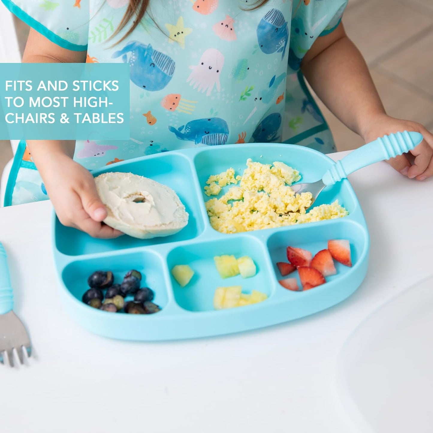 Bumkins Toddler and Baby Suction Plate, Divided Grip Dish for Babies and Kids, Baby Led Weaning, Feeding Supplies, Sticks to Tables and Highchairs, Platinum Silicone, for Chidren 6 Months, Gray