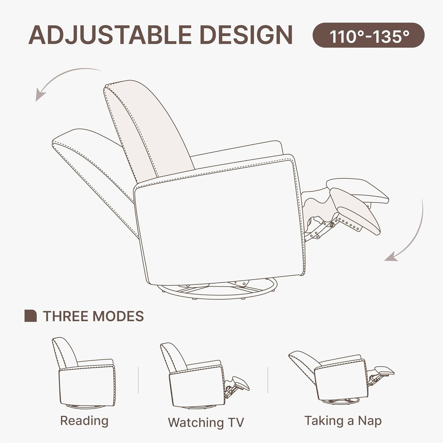 KISLOT Swivel Rocker Recliner Chair, Nursery Glider Recliner with Wood Base Manual Rocking Comfy Upholstered Fabric Reclining Single Sofa for Nursery Bedroom Living Room