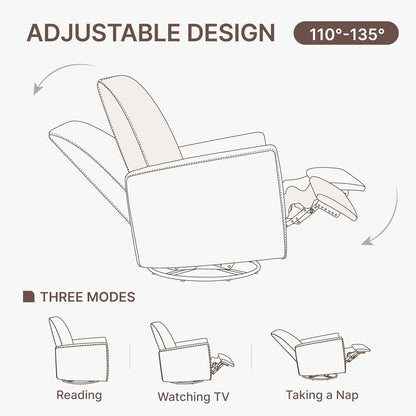 KISLOT Swivel Rocker Recliner Chair, Nursery Glider Recliner with Wood Base Manual Rocking Comfy Upholstered Fabric Reclining Single Sofa for Nursery Bedroom Living Room