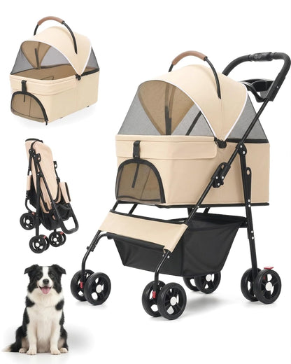 Pet Stroller with Removable Carrier, 35lbs Capacity - One-Click Foldable Dog Stroller, Cat Carrier & All-Terrain Wheels, Compact Travel Pet Stroller for Small to Medium Pets-Gray