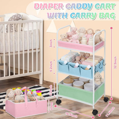 Honeydak 2in1 Baby Diaper Caddy Organizer Cart 3 Tier Large Capacity Metal Utility Bedside Rolling Cart with Divider Newborn Registry Nursery Essential Must Have Crib Bedroom Baby Shower(Green)