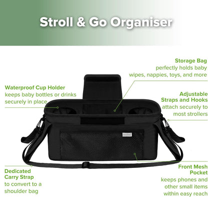 haakaa Universal Stroller Organizer - Black, Single Cup Holder, Stroller Caddy Accessories with Shoulder Strap & Extra Non-Slip Stroller Hook, Fits Most Strollers