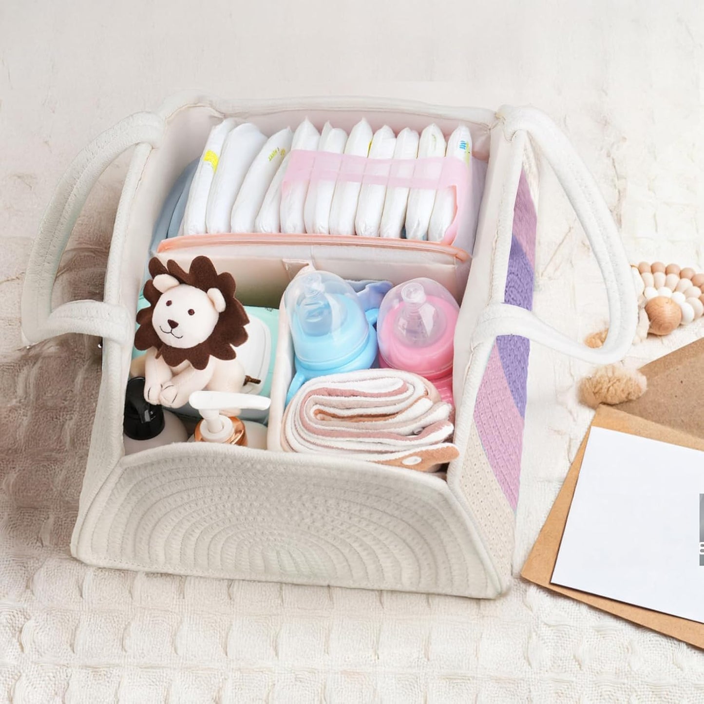 Baby Diaper Caddy- With Removable Dividers, Nursery Storage Bin and Car Organizer,Boy & Girl Shower Gift Basket,Portable Organizer,Nursery Essentials-Rainbow Purple