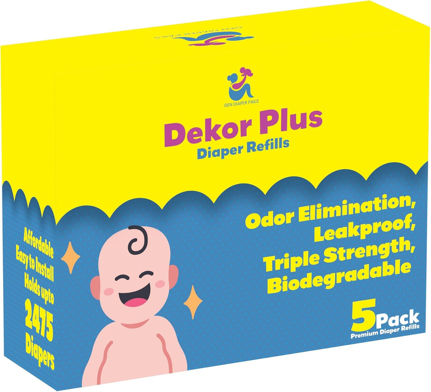 Diaper Pail Refills - Fits Dekor PLUS Extra Thick, Powerful Odor Elimination & Fresh Powder Scent | Easy to Replace and Dispose of Diaper Bag - PLUS size refill bags (5)