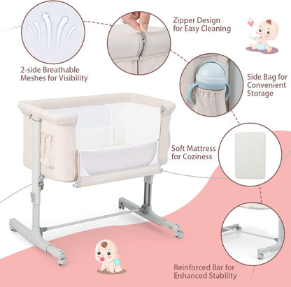 HONEY JOY Baby Bassinet Bedside Sleeper, 3-in-1 Easy Folding Portable Crib for Baby with Wheels, 5 Adjustable Heights, Easy to Assemble Bed to Bed, Mattress & Carry Bag for Infant Newborn (Pink)