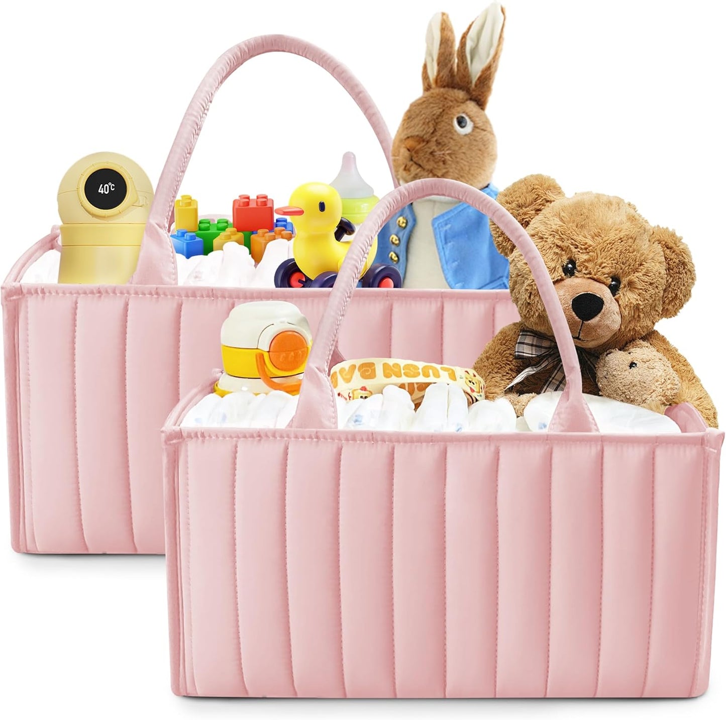 SWEET DOLPHIN 2-Pack Quilted Diaper Caddy Organizer – Premium Puffer Style Nursery Storage Bins – Water-Resistant & Wipeable Changing Table Organizer – Trendy Tote for Home & Car Travel - Mocha Brown